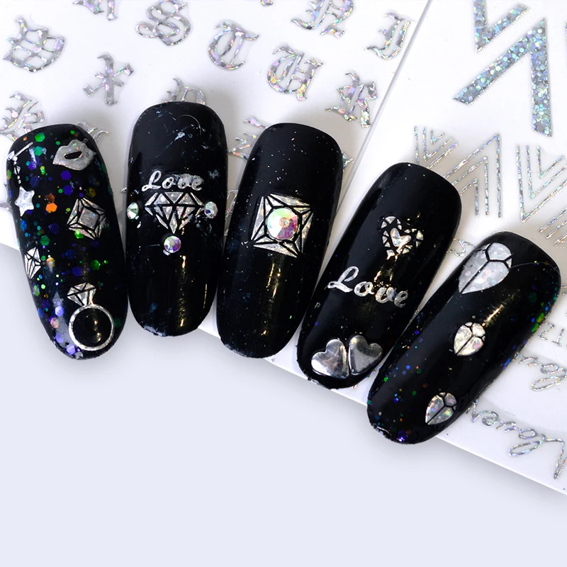 

24 Sheets Adhesive Holographic Nail Sticker 3D Silver Laser Line Flowers Jewelry Design Nail Decal Decoration Tips SASTZ001-024