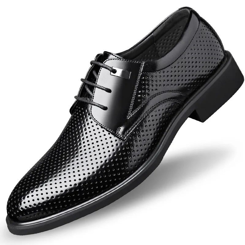 

Black Office Business Berby Shoes Cow Split 5 cm Height Increasing Summer Hollow Breathable Men's Formal Dress Elevator Shoes