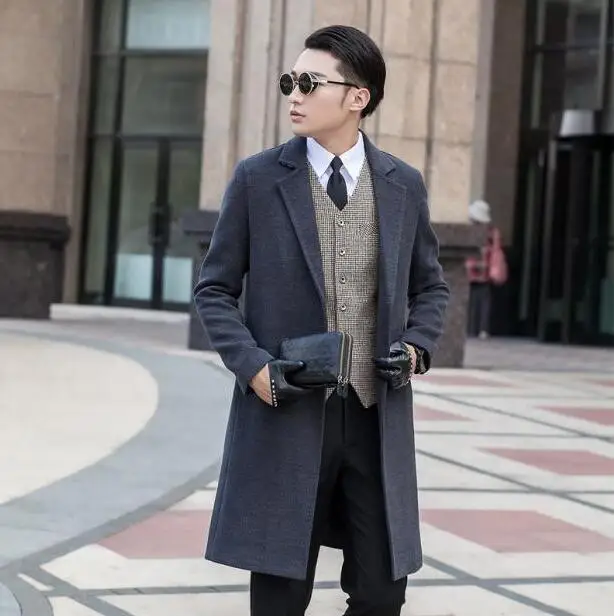 Grey long sleeve suit collar wool coat men jackets and