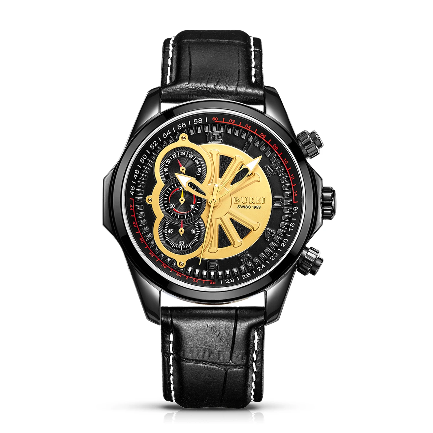 

BUREI 17002 Switzerland watches men luxury Racing speed master series Chronograph luminous sapphire black Leather belt