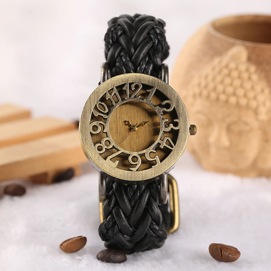 Bohemian Style Lady's Watches Handcraft Black Knitted Leather Watch Band Hollow Arabic Numerals Skeleton Casual  Bracelet Gift (7)