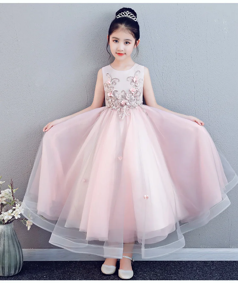 

Elegant Girl Wedding Dress 2018 Pink Lace Appliques Sleeveless Party Tulle Flower Princess Dress Birthday First Communion Dress
