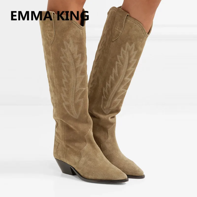 

2019 New Fashion Embroidered Women Knee High Boots Pointed Toe Slip On Chunky Heels Ladies Runway Shoes Woman Long Knight Boots