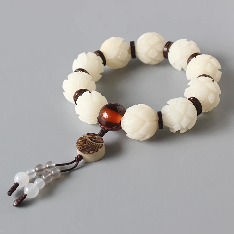 Branco Bodhi Semente de Lótus Esculpida Contas Flor Esticar Pulseira Para As Mulheres Presente Original Artesanato Em Madeira Jóia Frisada Handmade Artisan