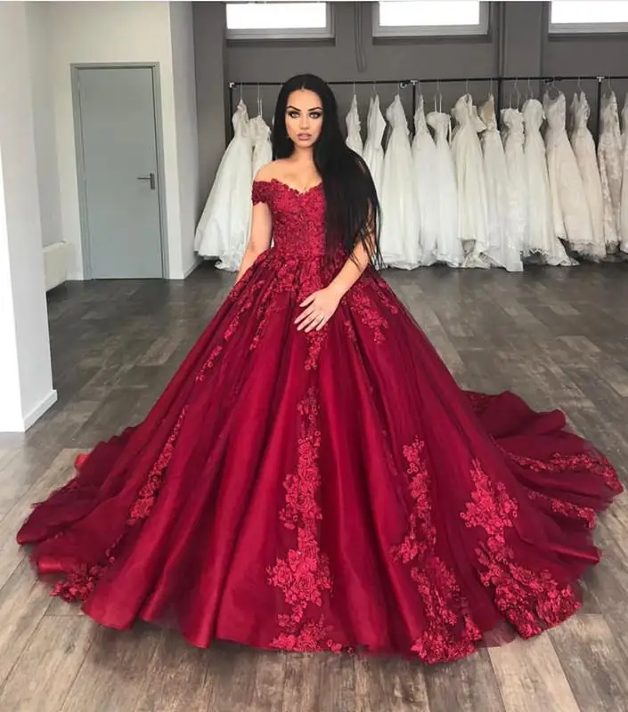 BRITNRY Red Sexy V Neck Off Shoulder Satin Lace Ball Gown Wedding Dresses