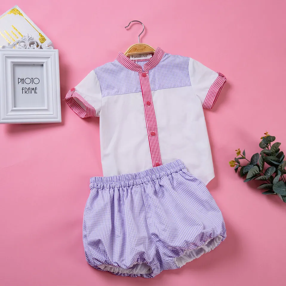 

Pettigirl 2019 Summer Boy Clothing Set Turn-down Collar White Shirts And Purple Striped Short Outfit Boys Clothes B-DMCS004-B5