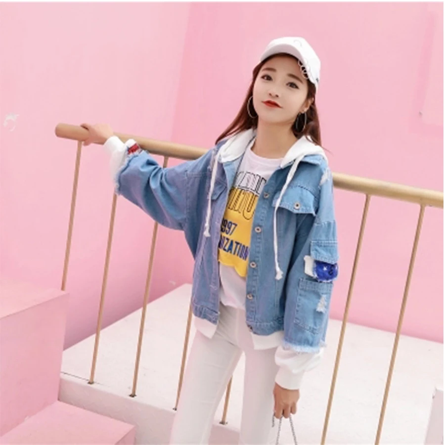 Women Hole Short Embroidery Denim Jacket Loose Solid Korean Denim Jacket Coat Winter Women'S Retro Trend Fashion Wear New 2019