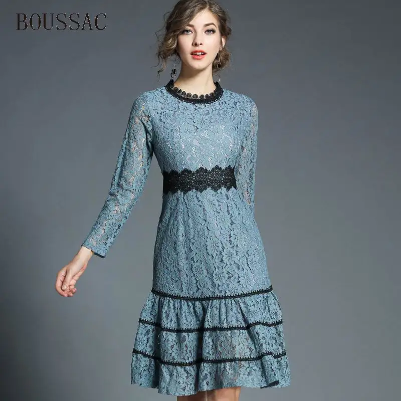 

2018 Spring Autumn Women's Elegant Patchwork Ruffles Lace Dress O-neck Office Casual Slim Sexy Patchwork Party Dresses