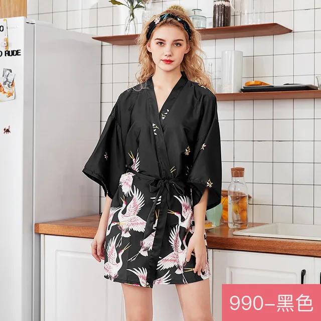 Модный женский летний халат мини-кимоно, женский халат из вискозы, ночная рубашка Yukata, ночная рубашка, ночная рубашка, Пижама, SizeS-3XL - Цвет: black short