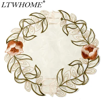 

LTWHOME 11.5" Round Doily or Placemat Embroidered with Orange Color Roses