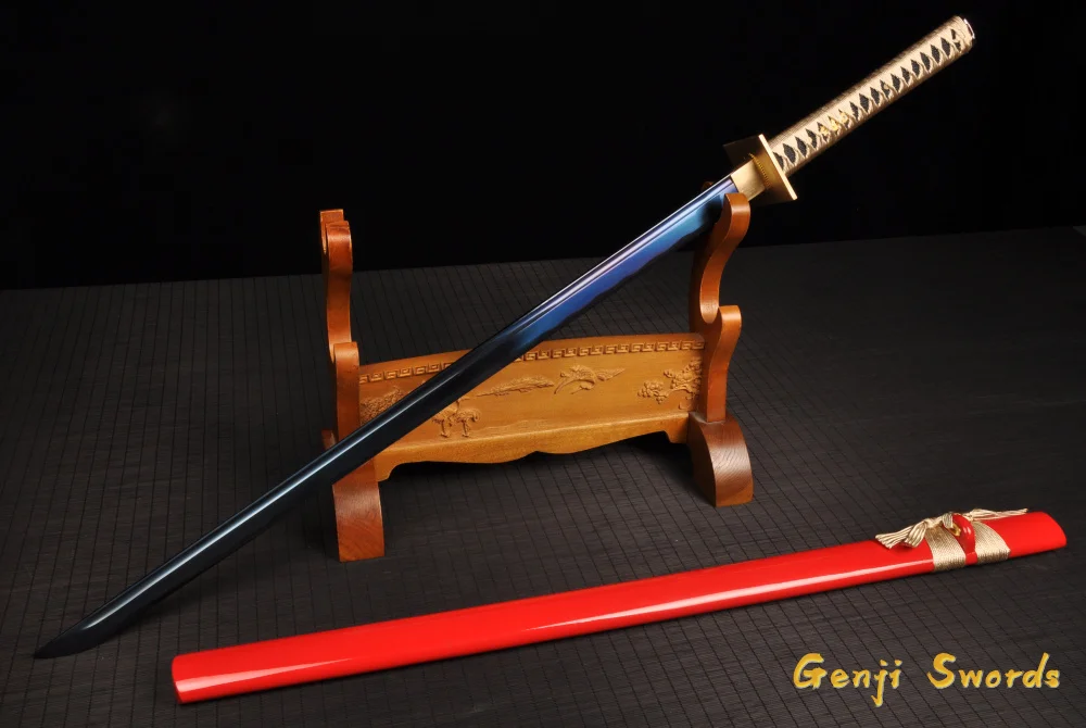 Полностью ручной работы полный тан настоящий японский прямой меч синий 1045 углеродистая сталь самурайский острый меч катана край медная Цуба
