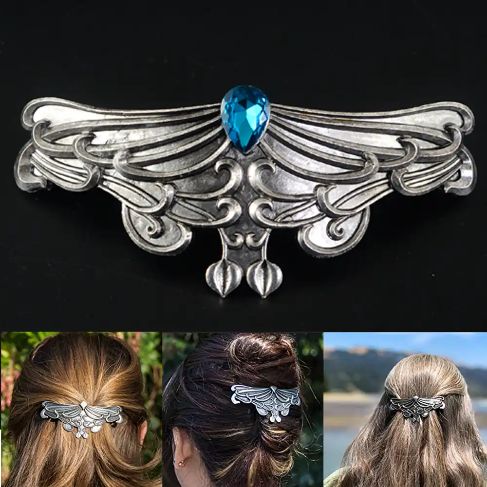 アールヌーボークリスタルリーフヘアクリップバイキングヴィンテージメタルバレッタで大 80 ミリメートルクリップ女性厚い髪の宝石アクセサリー コスチューム アクセサリ Aliexpress