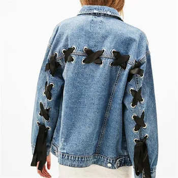 

2019 new Women Fashion blue Back Hole Ribbons Denim Jackets Coats Elegant Long Sleeve Lace up Jacket Autumn Outwear Coat HC123