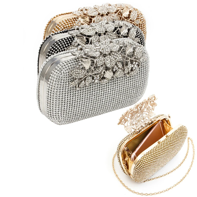 

New 2018 Women Evening Clutch Bag Crystal Rhinestone Flower Wedding Bridal Handbag Purse