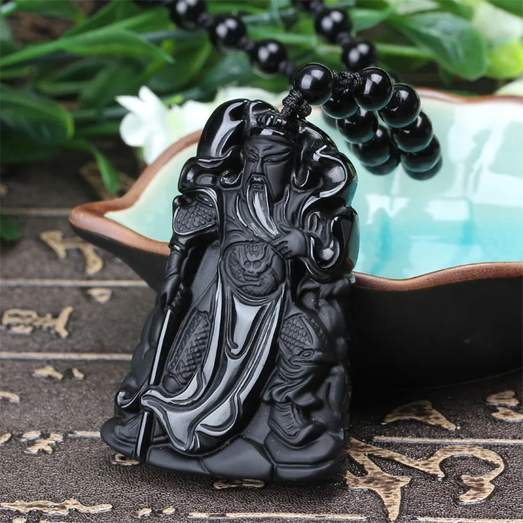 Натуральный черный обсидиановый камень резной кулон Guan Yu ожерелье Mammon Gong амулет