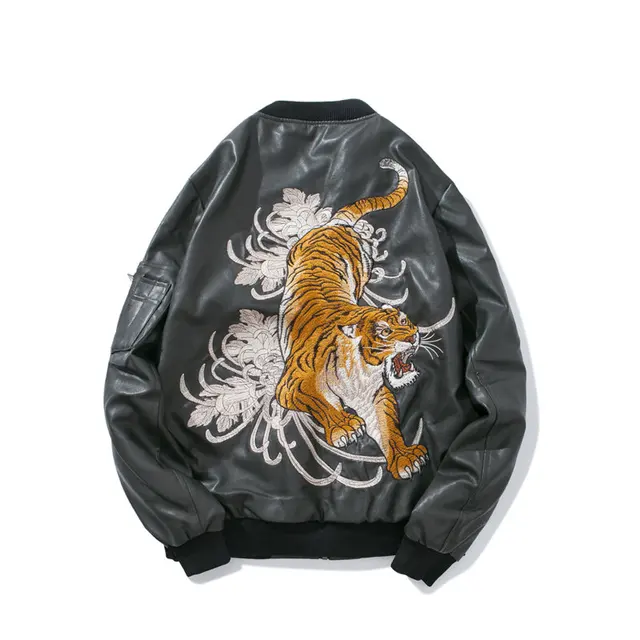 Tiger Embroidery Leather Jacket Coat Men 2018 Hip Hop PU Bomber Jackets