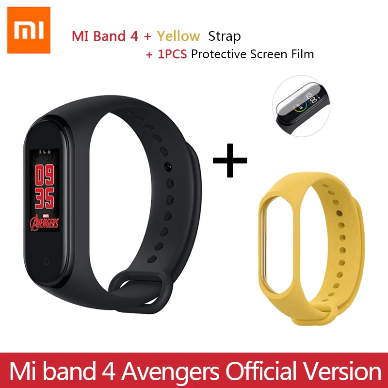 Новейший Xiaomi mi браслет 4 Мстители официальное издание Смарт mi Band 4 Мститель браслет Bluetooth 5,0 пульсометр фитнес - Цвет: Add Yellow Strap