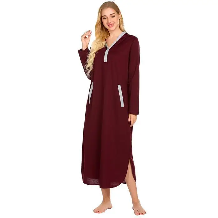 Ekouaer пижамы длинная ночная Для женщин с капюшоном ночь платье свободные с контрастным кнопка карман рубашки трусы