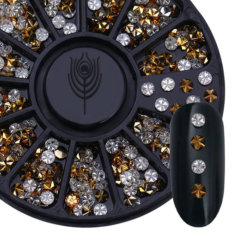 1 Box Gold Flower Nail Rhinestone 3mm Round Flat Bottom Beads 3D Art Decoration in Wheel DIY Design | Красота и здоровье