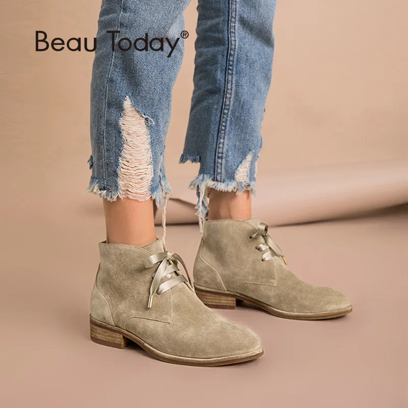 

BeauToday Women Ankle Boots Genuine Leather Cow Suede Ribbon Lace-Up Boots Brand Lady Shoes High Quality 03080
