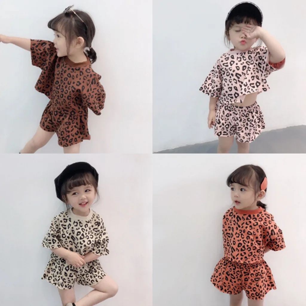

TELOTUNY Kids Outfits Cotton 2PCS Toddler Kids Baby Girls New Summer Short Sleeve Leopard Print Tops+Shorts Outfits Set MARC13