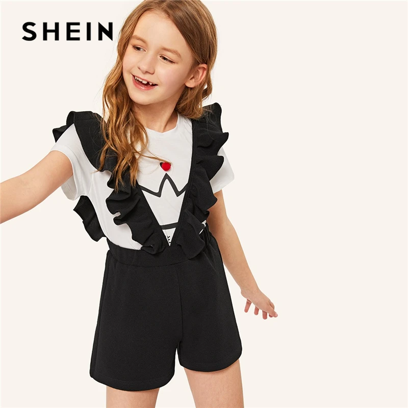

SHEIN Kiddie Black Solid Elastic Waist Girls Shorts With Ruffle Strap Teenager Bottoms 2019 Summer Straight Leg Cute Kids Shorts