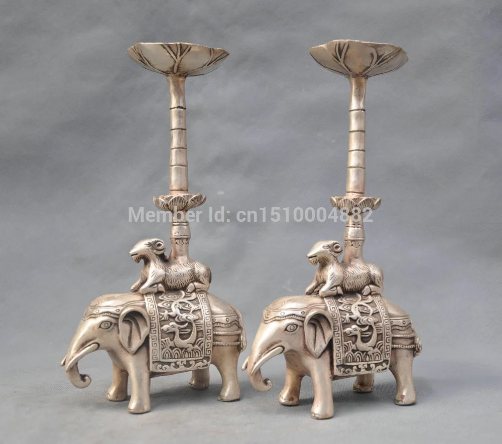 

shitou 0011 10'' China Silver Bronze pair elephant candle stick Bronze Statue discount 30% (C0324)