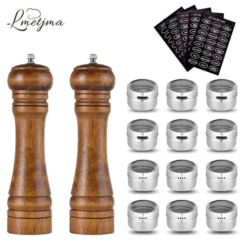 

LMETJMA Wood Salt Pepper Mill and Magnetic Spice Jars Set Pepper Grinders Salt Shakers with Adjustable Ceramic Rotor KC0215