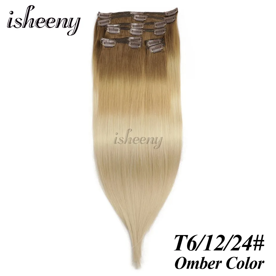 Isheeny Remy человеческие волосы клип в расширениях 14 "-24" 8 шт./компл. толстые двойные плетеные бразильские волосы Клип ins полная головка клип на