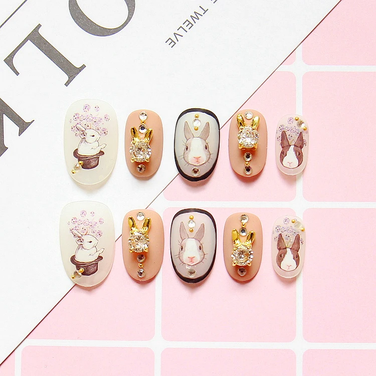 

British style vintage matte pure color UV gel false nails 24pcs with glue Cute rabbit pattern 3D fake nails gel full nail tips
