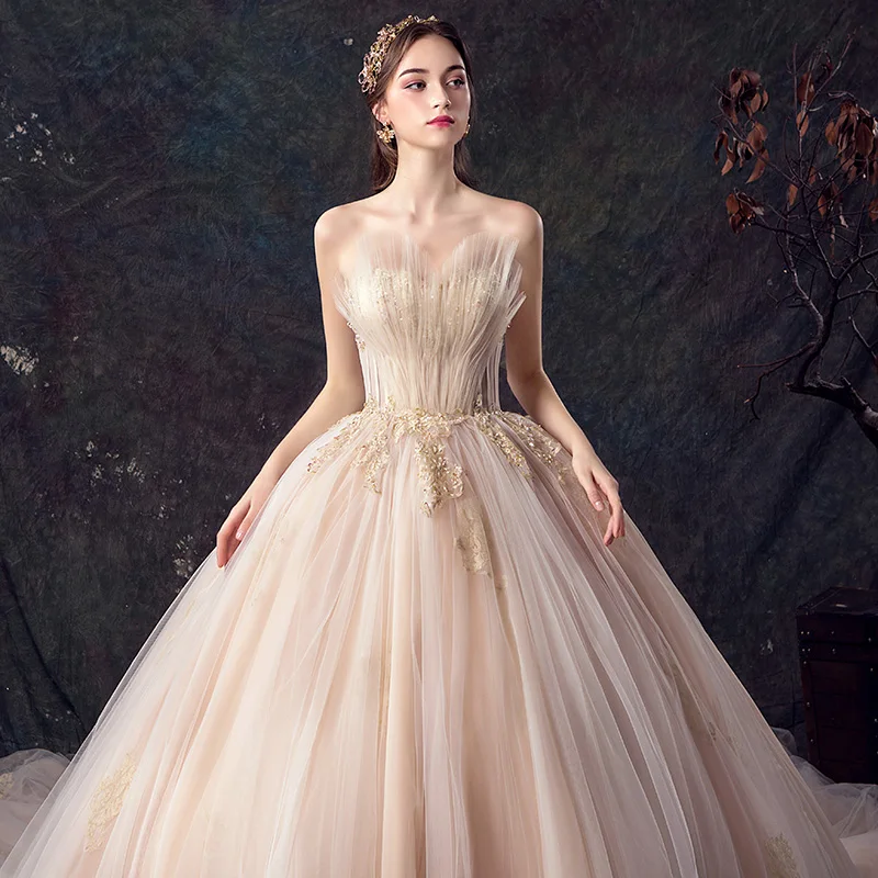 SSYfashion, съемный ремень, без рукавов, со шнуровкой сзади, длина до пола, бальное платье со шлейфом, цвета шампанского, свадебное платье, кружевное платье невесты