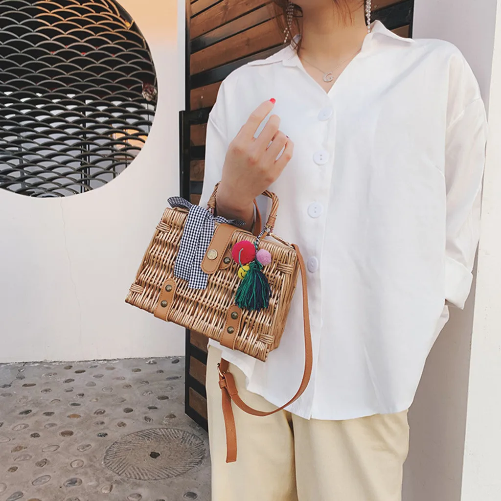 Женская пляжная богемная летняя бамбуковая корзина, сумка-мешок ручной работы, квадратная сумка, женская сумка на плечо