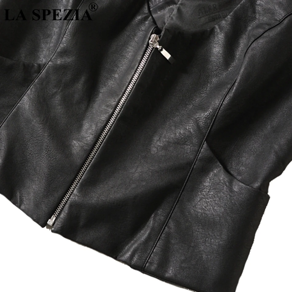 LA SPEZIA Short Vest Women Black Slim Fit Waistcoat Female With Pockets Faux Leather Zipper Office Fashion Sleeveless Jackets