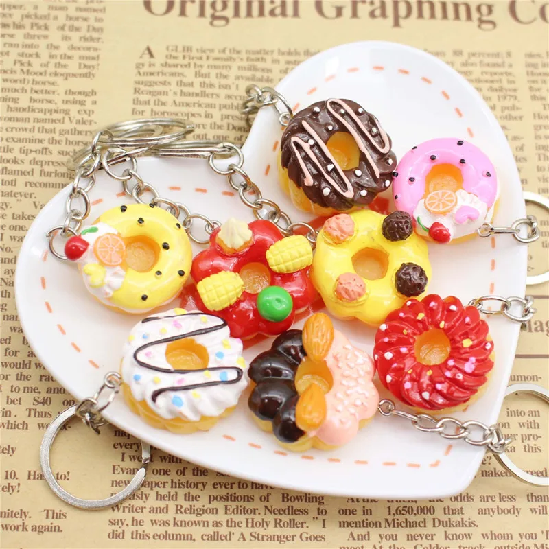 

8 pcs/sets Hot sell Cute Charming Simulation Food Resin Doughnut Cake Keychain For Women Girls Gifts Car Bags Keyring