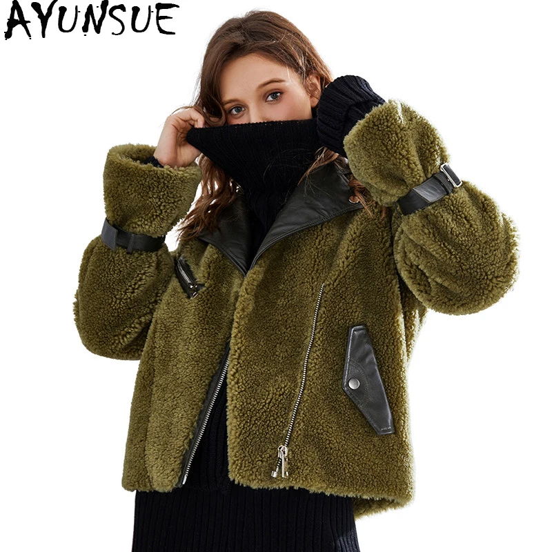 AYUNSUE Korean Style Real Fur Coat Female Flare Sleeve Lamb Wool Sheep Shearing Coats Short Women's Winter Jacket V18F33105 | Женская