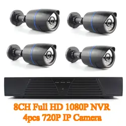 8ch Full-HD 1080 P NVR & 4 шт. 720 P 1mp Водонепроницаемый открытый/в помещении Пуля ночного видения Главная безопасности IP Камера Системы