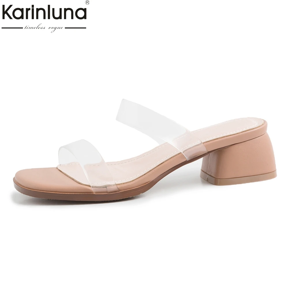

Elegant PVC Sheepskin Insole Mules Shoes Sandals Woman Summer 2019 Square Heels Slingback Women Shoes Woman