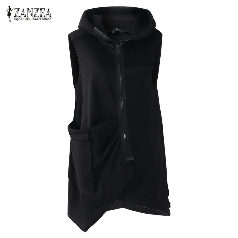 2018 ZANZEA Women Hooded Zipper Irregular Hem Vest Coat Autumn Sweatshirt Waistcoat Casual Solid Sleeveless Jacket Plus Size