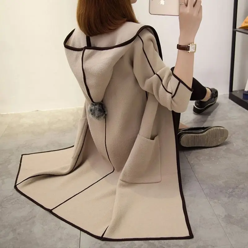 

2019 women autumn and winter long woolen coat cardigan jacket hooded student woolen female