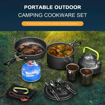 

Portable Outdoor Pots Pans Camping Cookware Picnic Cooking Set Non-stick Tableware With Foldable Spoon Fork Knife Kettle Cup