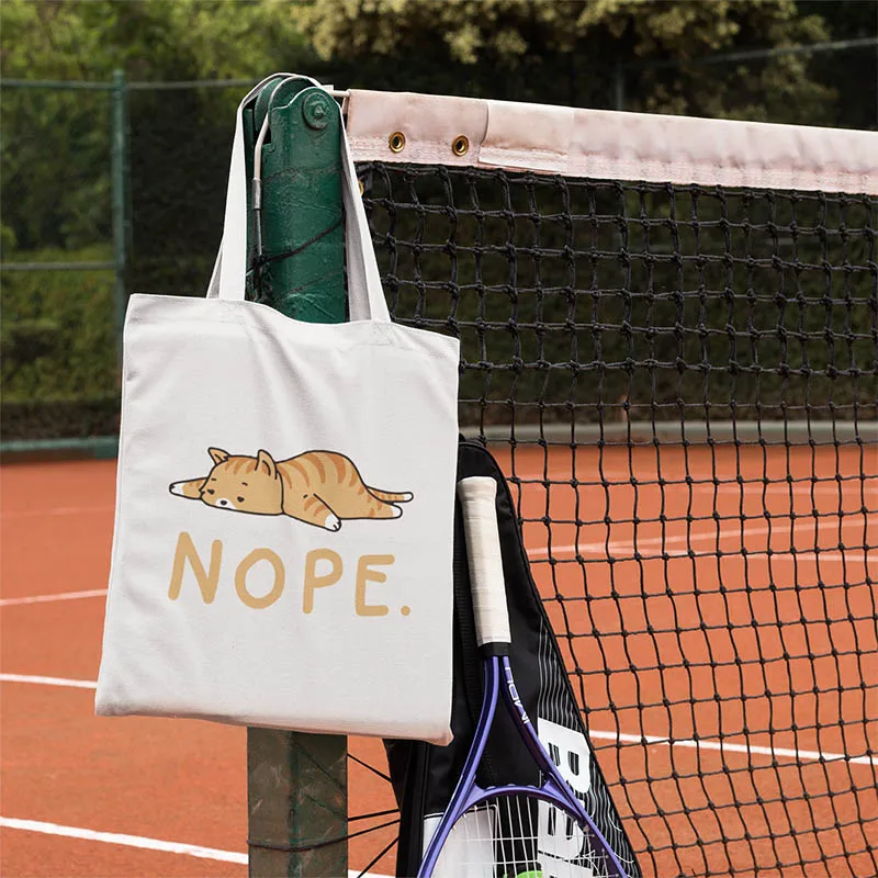 Nope Cat Shopping Tote Bag Cute Animal Print Fashionable Original Design White Bags Zipper Closure Unisex Nope Cat Shopping Tote Bag Cute Animal Print Fashionable Original Design White Bags Zipper Closure Unisex