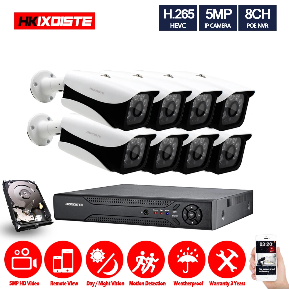 HKIXDISTE H.265 8CH POE 48 в 5MP NVR комплект с 8 шт. камера 3 6 мм объектив CCTV IP67 система облачная