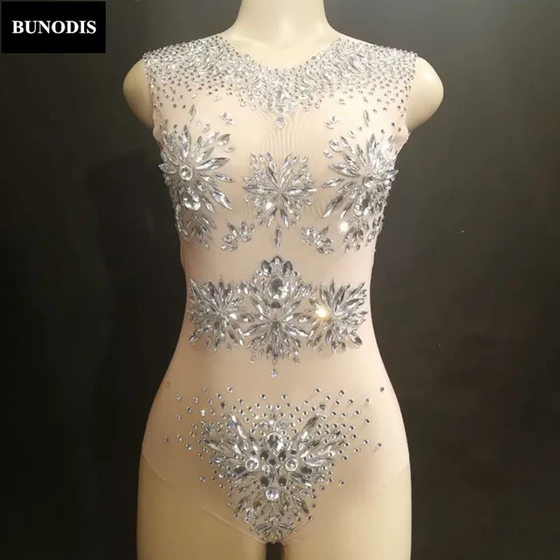 

ZD26403 Women Sexy Bodysuit Simple Version Jumpsuit Material Spandex Sparkling Crystals Nightclub Party Dancer Singer Stage Wear