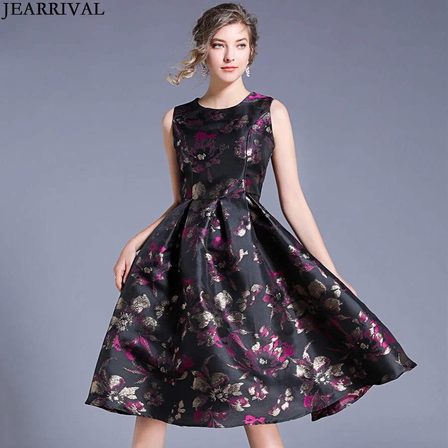 

JEARRIVAL 2019 Summer Style Women Dresses Slim Fashion O-Neck Sleeveless Flower Print Vintage Jacquard Party Dress Vestidos