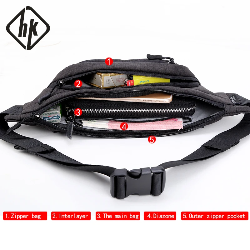 Hk Fanny Pack Men Black Waterproof Waist Bags for Men Fashion Cigarette Phone Case Money Belt for Travel Security Wallet Purse