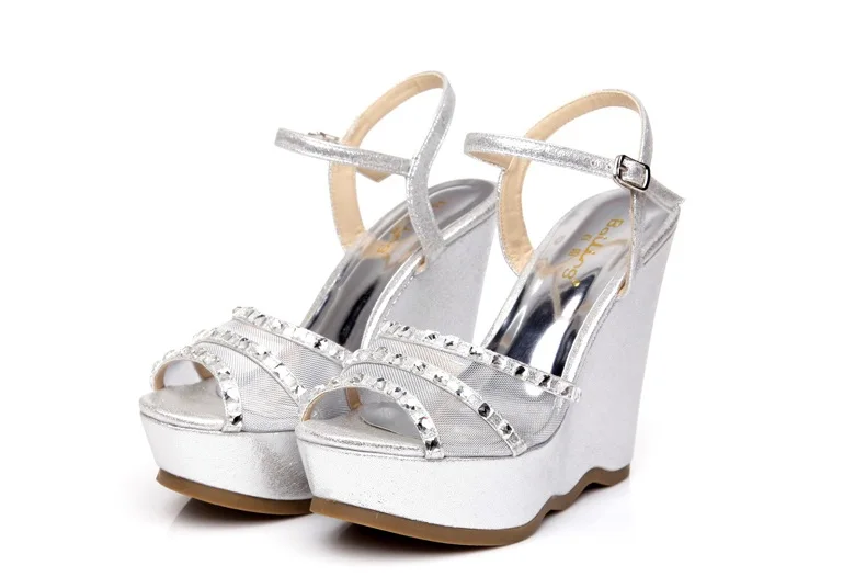 39_2016 Summer Fashion Elegant Footwear Peep Toe Black High Heeled Platform Sandals Silver Diamond Wedges Shoes Women Small Size