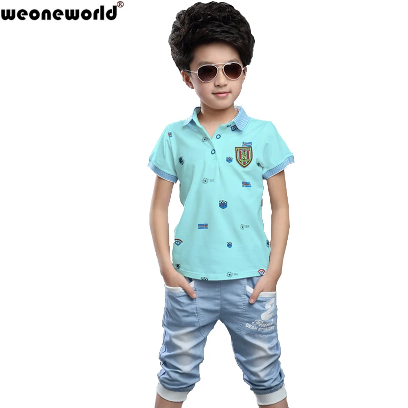 WEONEWORLD/Одежда для маленьких мальчиков Детская летняя хлопковая футболка с короткими рукавами+ джинсовые штаны комплекты детской одежды детская одежда для мальчиков