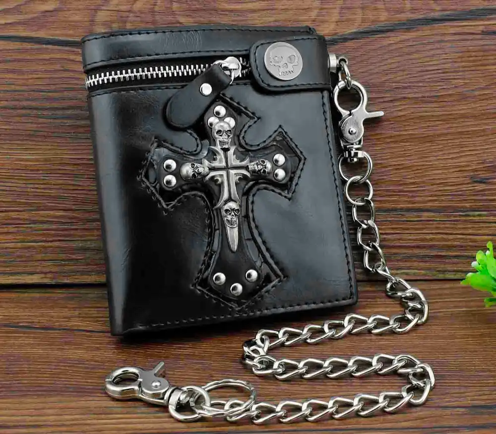 Mens Gothic Cross Clasp Leather Wallet with Antique Biker Chain Black