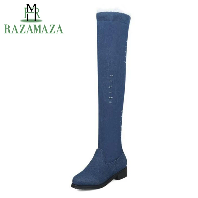 

ZALAVOR Plus Size 32-48 Fashion Women Boots Over The Knee Zipper Denim Warm Shoes Women Party Club Flats Boots Winter Shoes