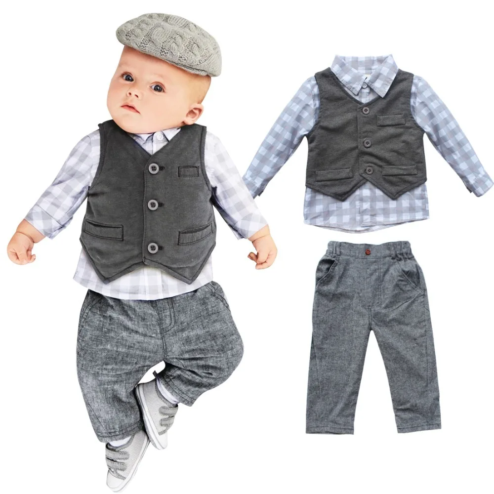 3 Pcs Newborn Baby Boy Kids Clothing Sets Grey Waistcoat + Pants ...